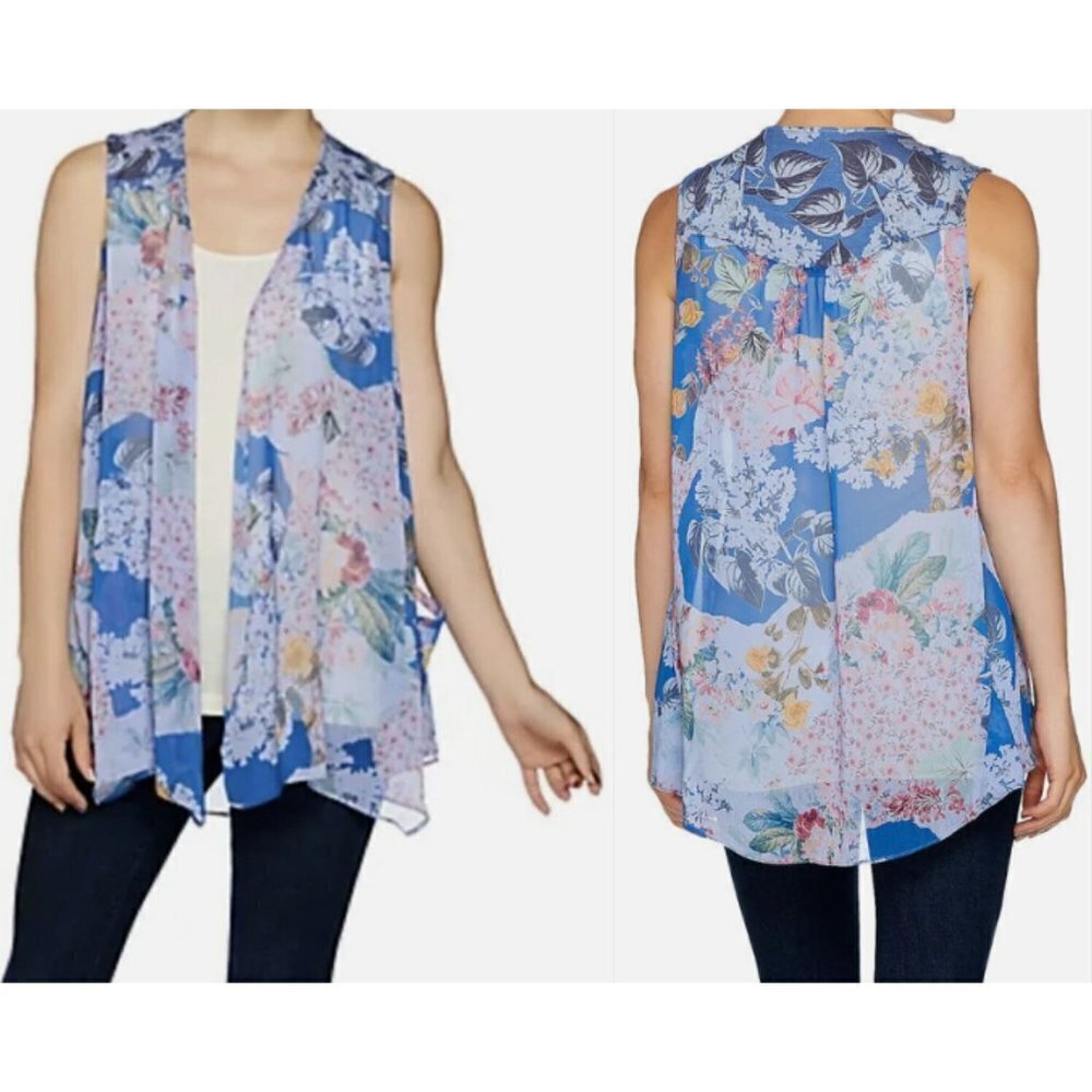 LOGO Lori Goldstein Blue Floral Open Vest Size Small Chiffon Knit Back Yoke
